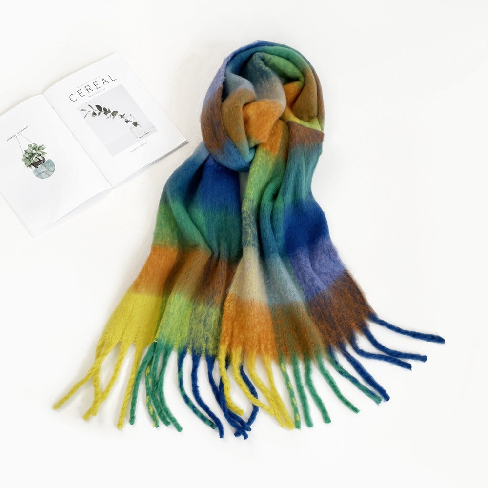 Colorful Plaid Mohair Scarf - Women's Winter Warmth