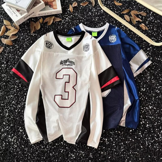 Retro Patchwork V-Neck Ice Hockey T-Shirt