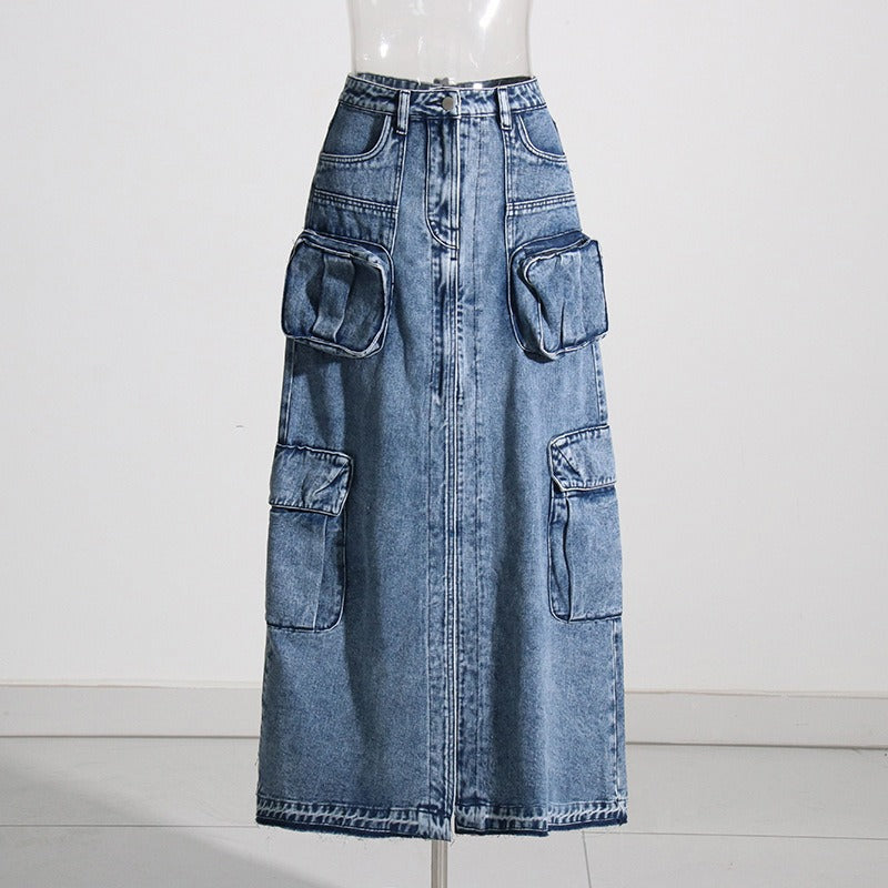 Chaopai High Waist Split Denim Skirt - Harajuku Style