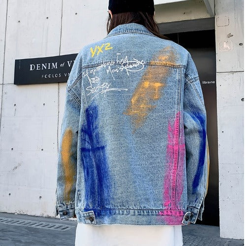 Vintage Hand Painted Graffiti Print Denim Jacket