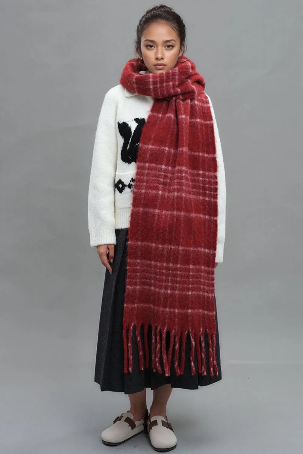 Fringe Plaid Thermal Scarf - Harajuku Style