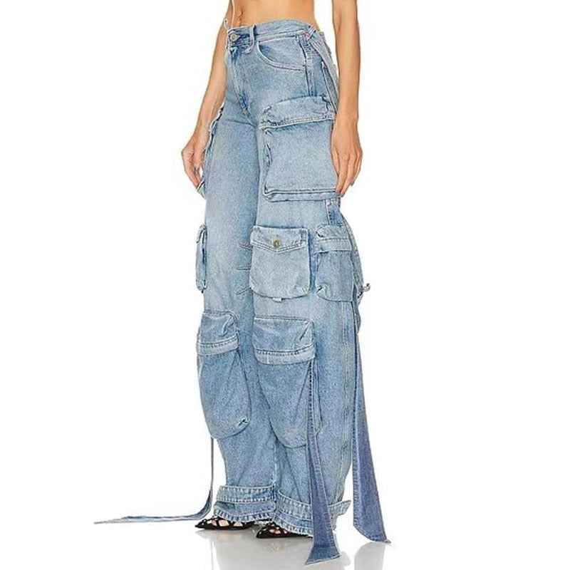 Harajuku-Style Multi Pocket Denim Pants with Decorative Straps