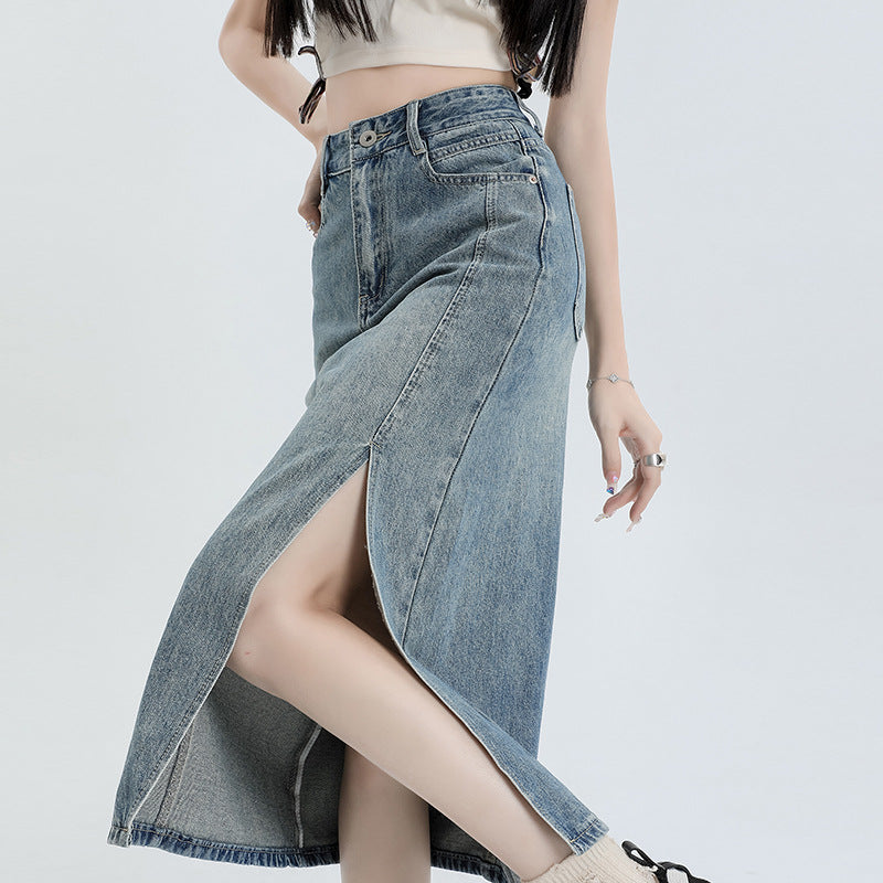Women's High Waist Loose Fit A-Line Denim Midi Skirt with Slit for Summer