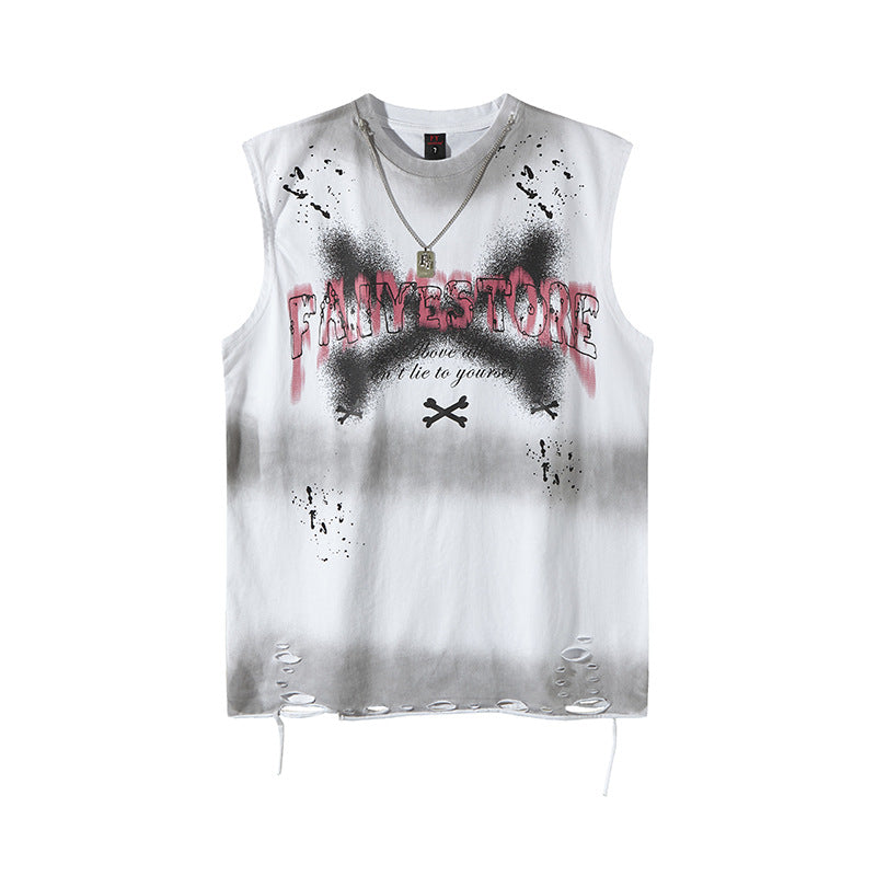 Tie-Dye Gradient Letter Sleeveless T-Shirt with Distressed Holes