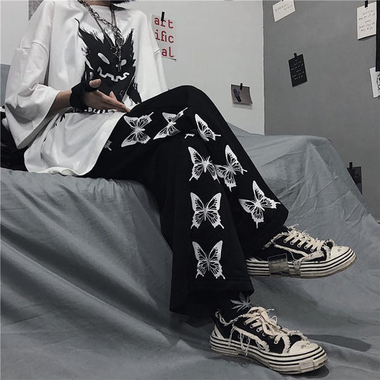 Harajuku Style Butterfly Print Casual Wide Leg Pants