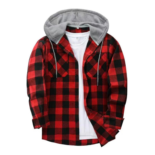 Harajuku Style Plaid Grid Hooded Shirt for Men