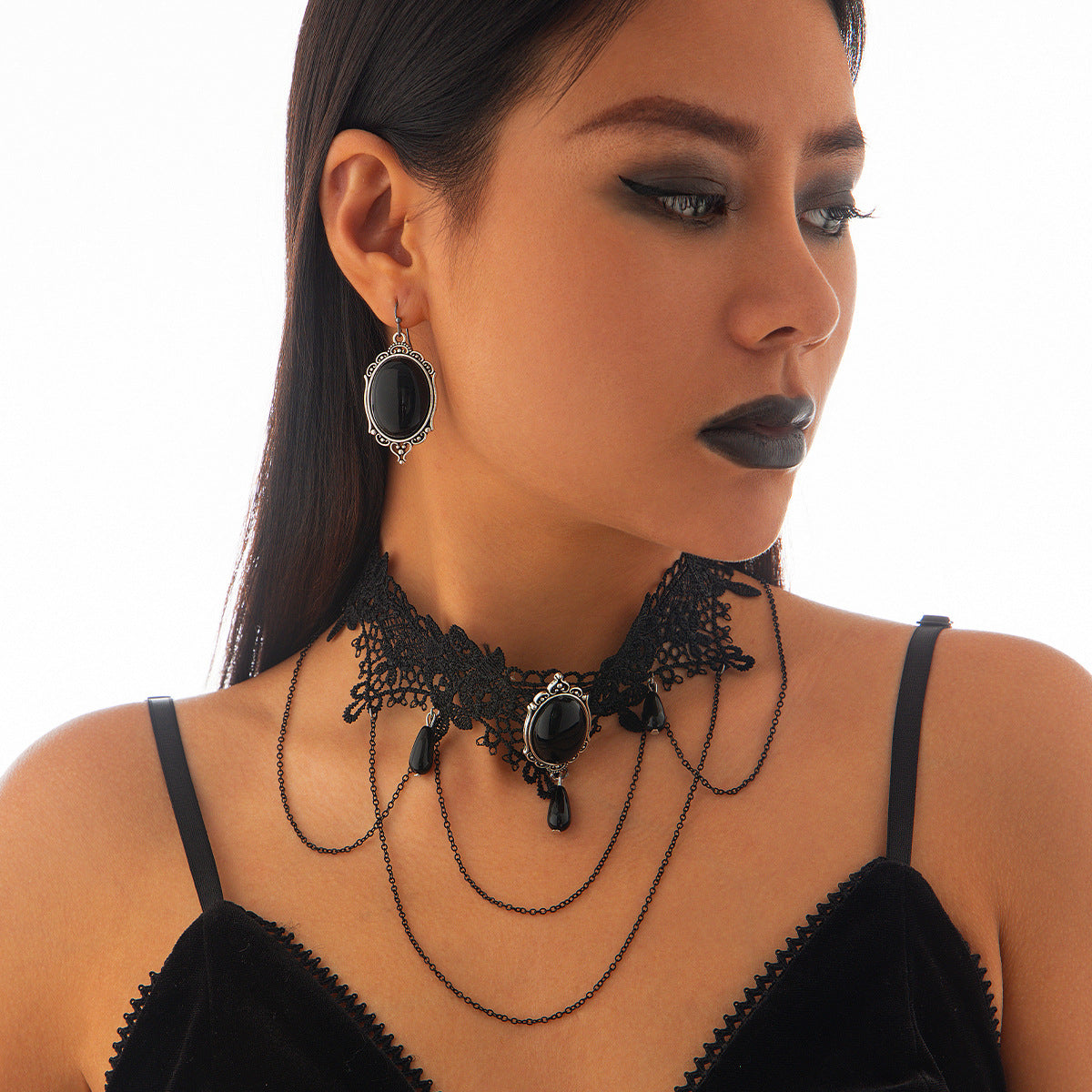 Gothic Moon Alloy Necklace & Lace Tassel Collar Set