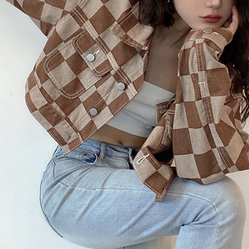 Vintage Brown Plaid Denim Jacket for Women