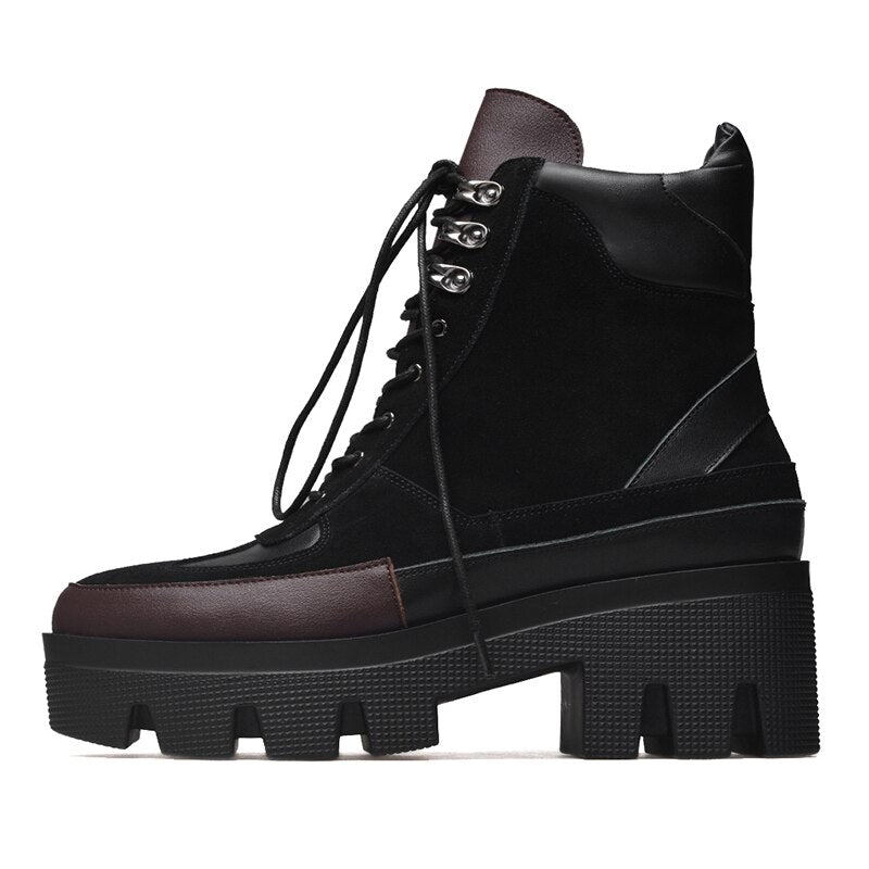 Chunky Platform Cow Leather Ankle Boots for Women