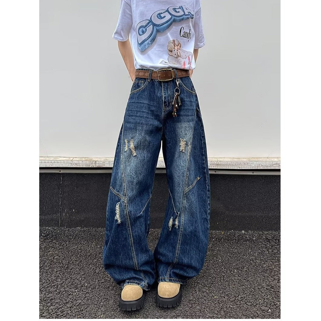 Deep Blue Wide Leg Ripped Denim Knife Pants