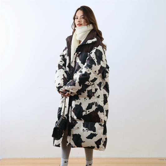 Harajuku Cow Print White Duck Down Coat for Women