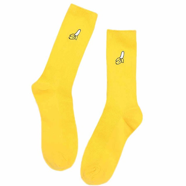 Playful Cartoon Fruit Print Socks - Avocado, Banana, Cherry, Peach