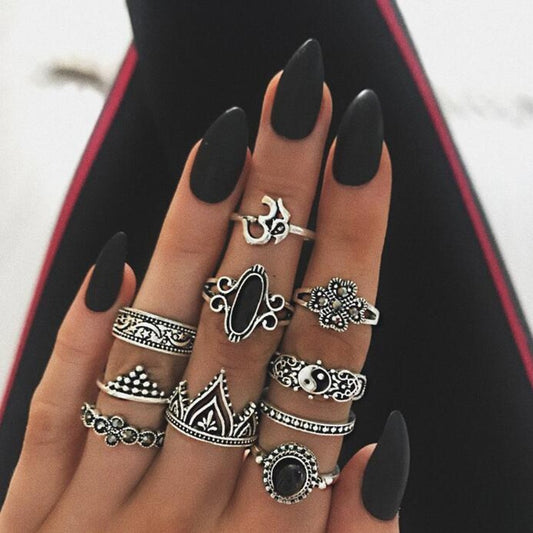 10pcs Bohemian Antique Silver Crown Star Moon Flower Rings Set