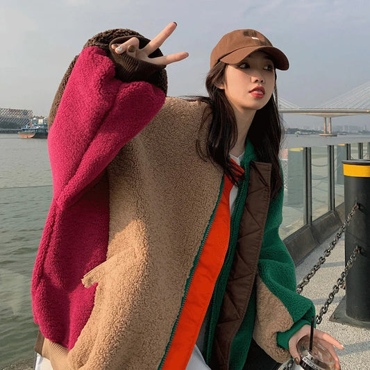 Playful Color Block Plush Cardigan for Harajuku Style