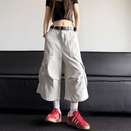 Multi Pocket Versatile Wide Leg Denim Shorts