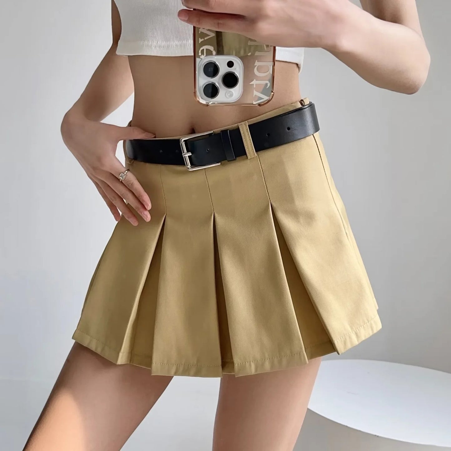Pleated Mini Skirt with Waist Belt