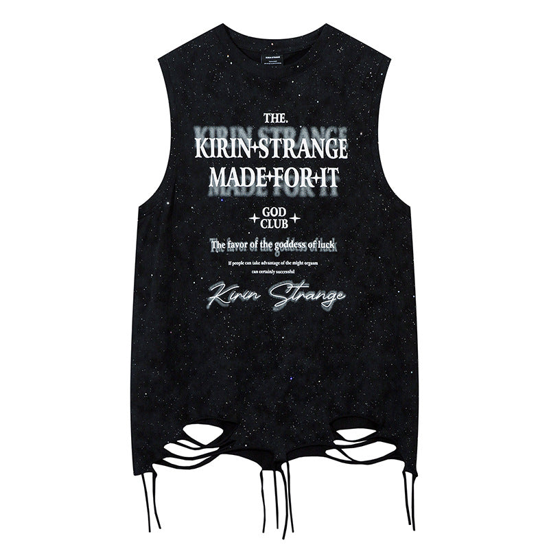 Streetwear Star-Printed Hem Distressed Sleeveless T-Shirt
