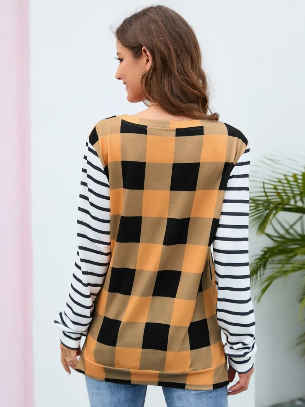 Harajuku Style Plaid Striped Round Neck Long Sleeve T-Shirt