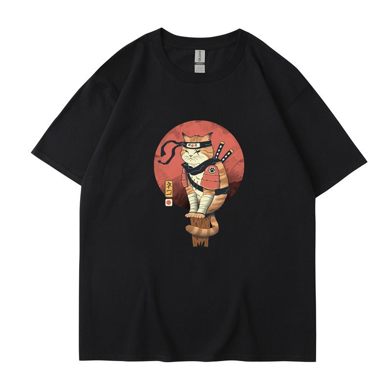 Ninja Cat Print T-Shirt - Short Sleeved Round Neck