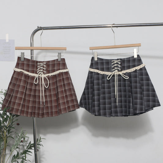 Checkered Midi Skirt with Women's Lace Edge Decoration and Lace-Up Detail, Pleated Short Skirt