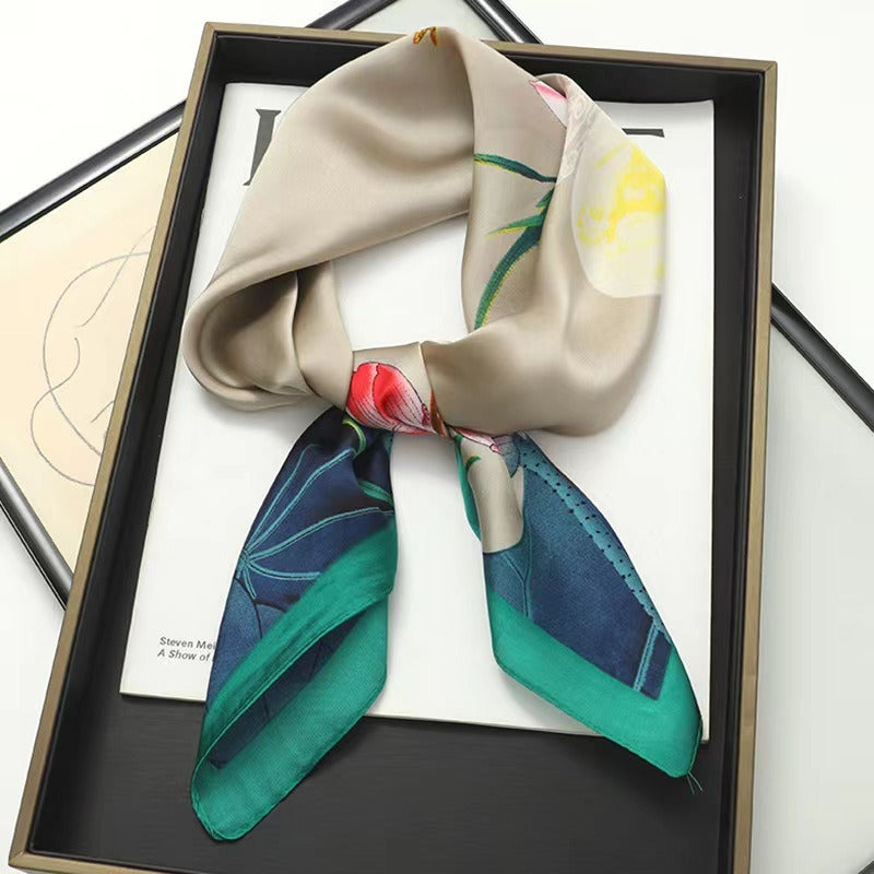 Elegant Silk Lotus Square Scarf - Harajuku Style Headwear