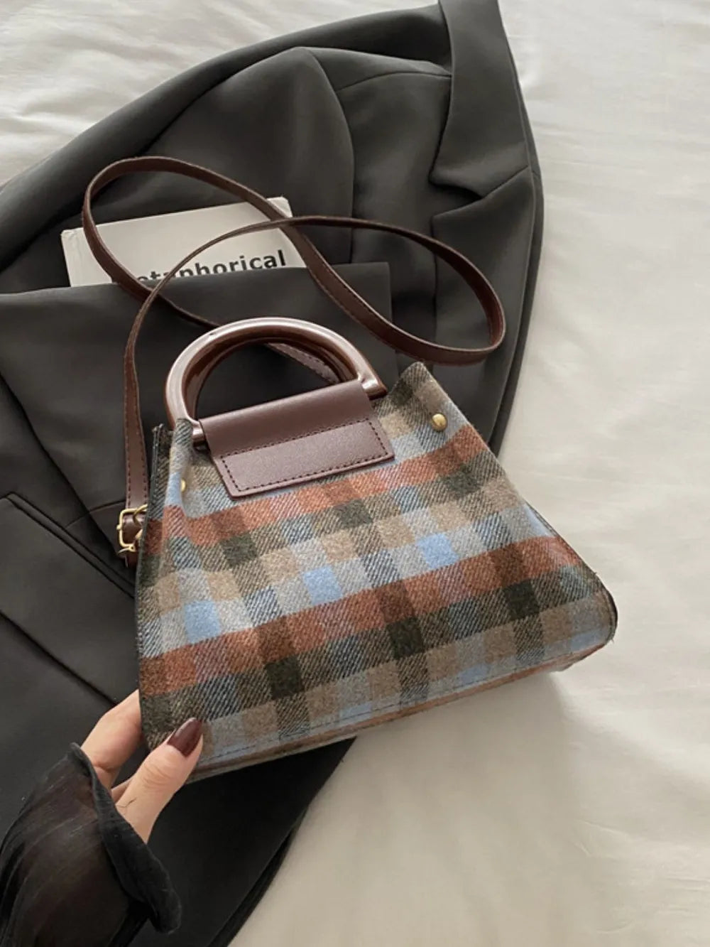 Plaid Trapezoid Crossbody Bag - Harajuku Style