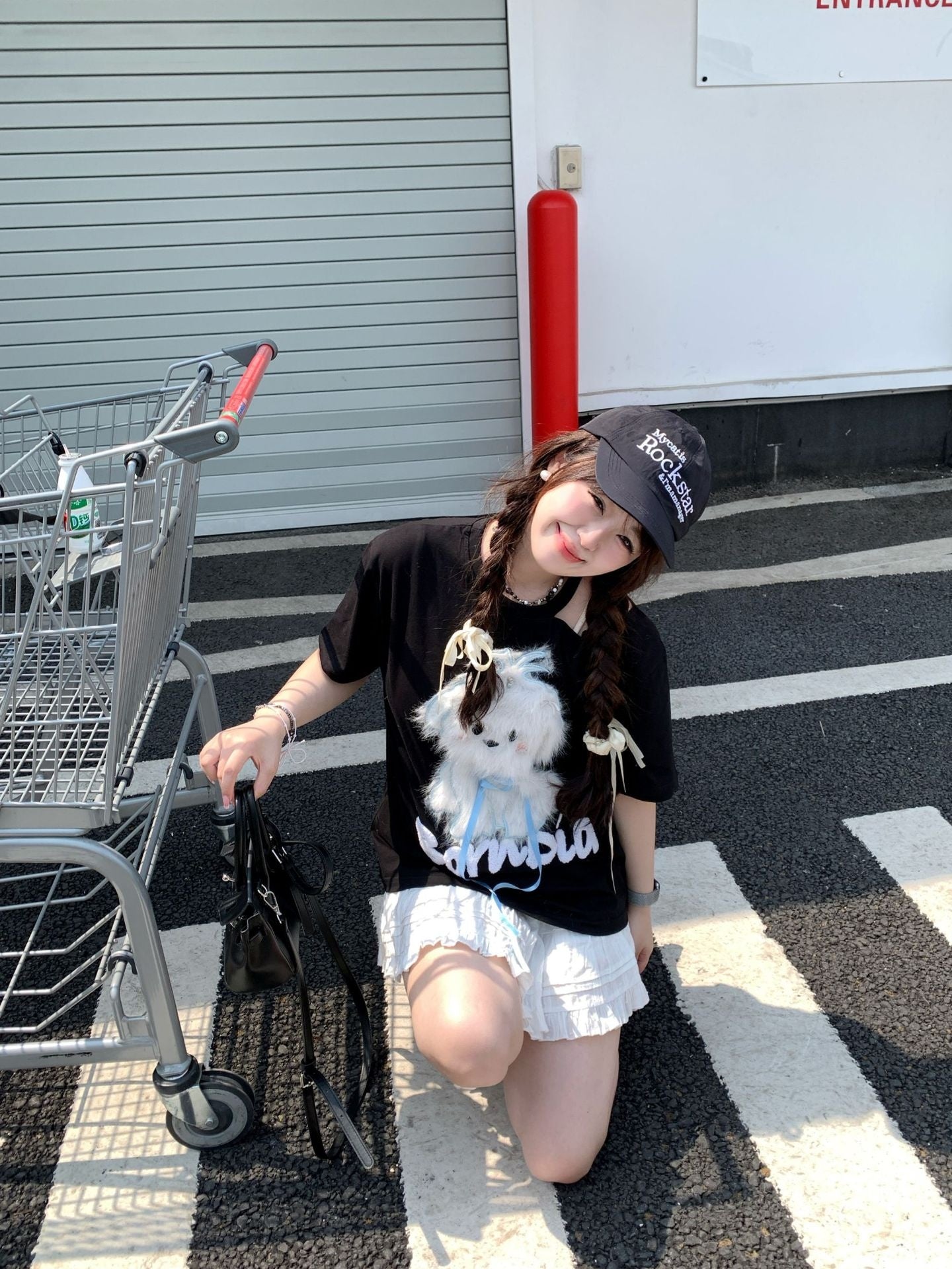 Playful Plush Dog Off-Shoulder Tee for Women