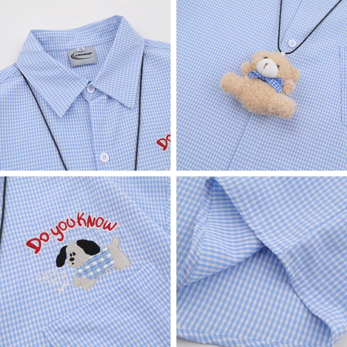 Cartoon Embroidery Short Sleeve Shirt with Bear Pendant