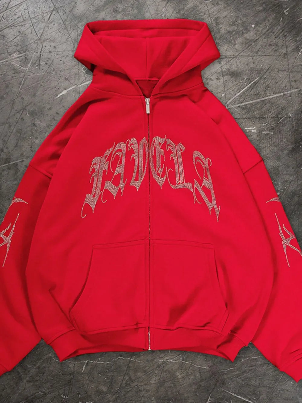 Men's Rhinestone Letter Zip Up Long Sleeve Hoodie