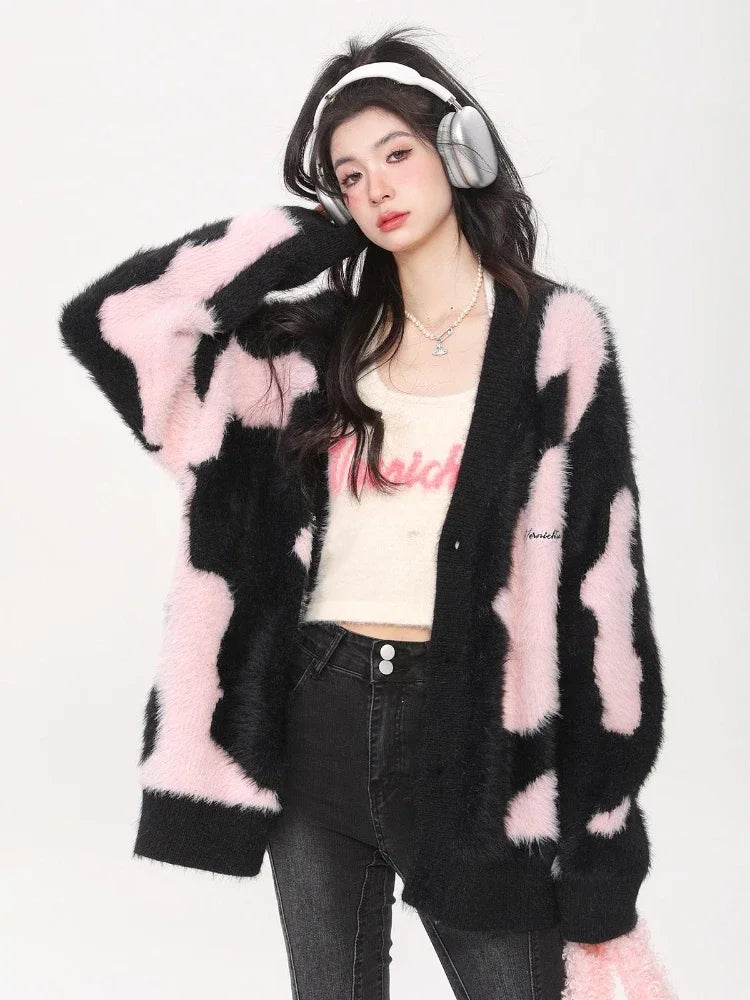 Deeptown Y2K Harajuku Pink Knitted Cardigan