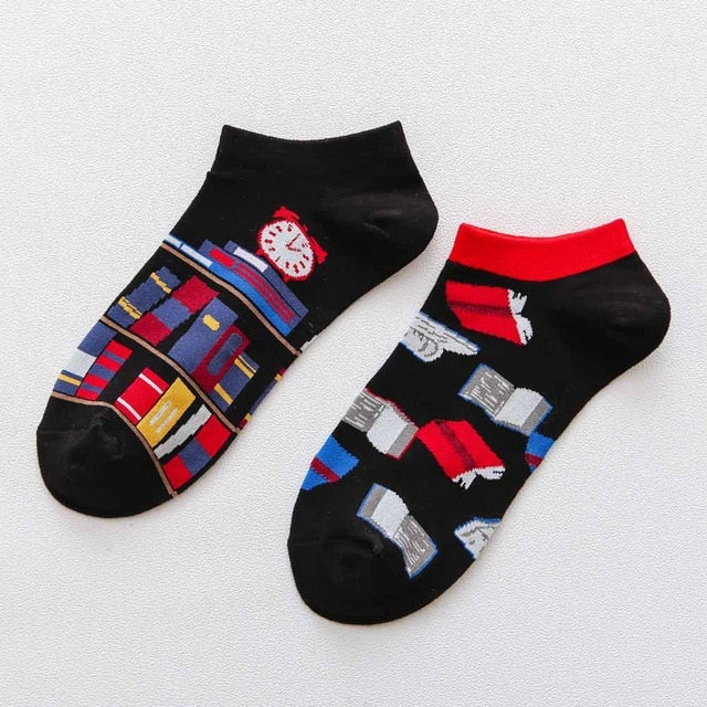 Playful Harajuku Men's Cotton Ankle Socks - Funny Animal & Fruit Designs