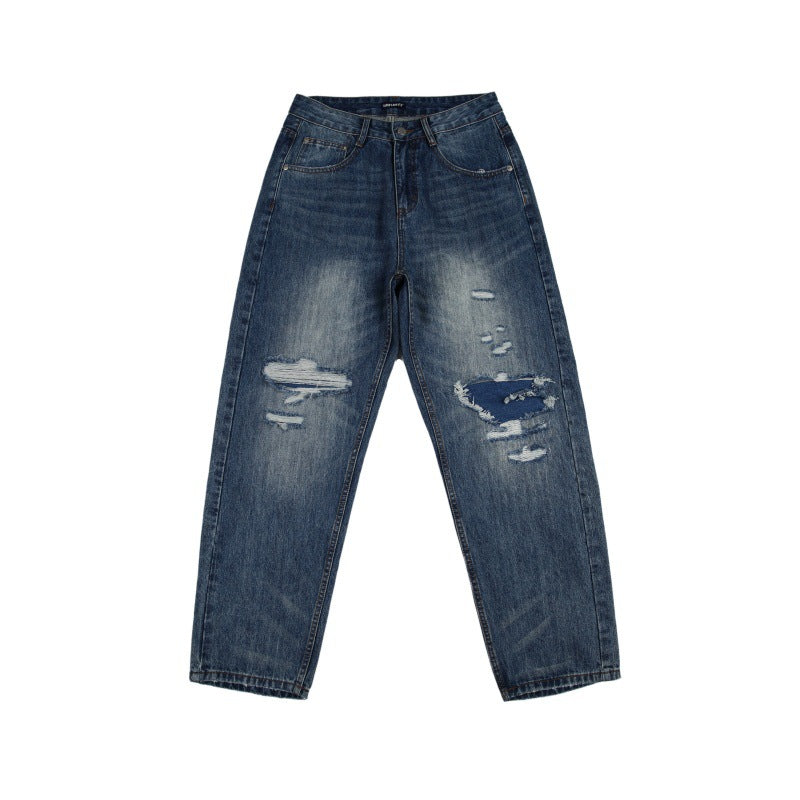 Washed Patch Holes Micro Tapered Denim Pants