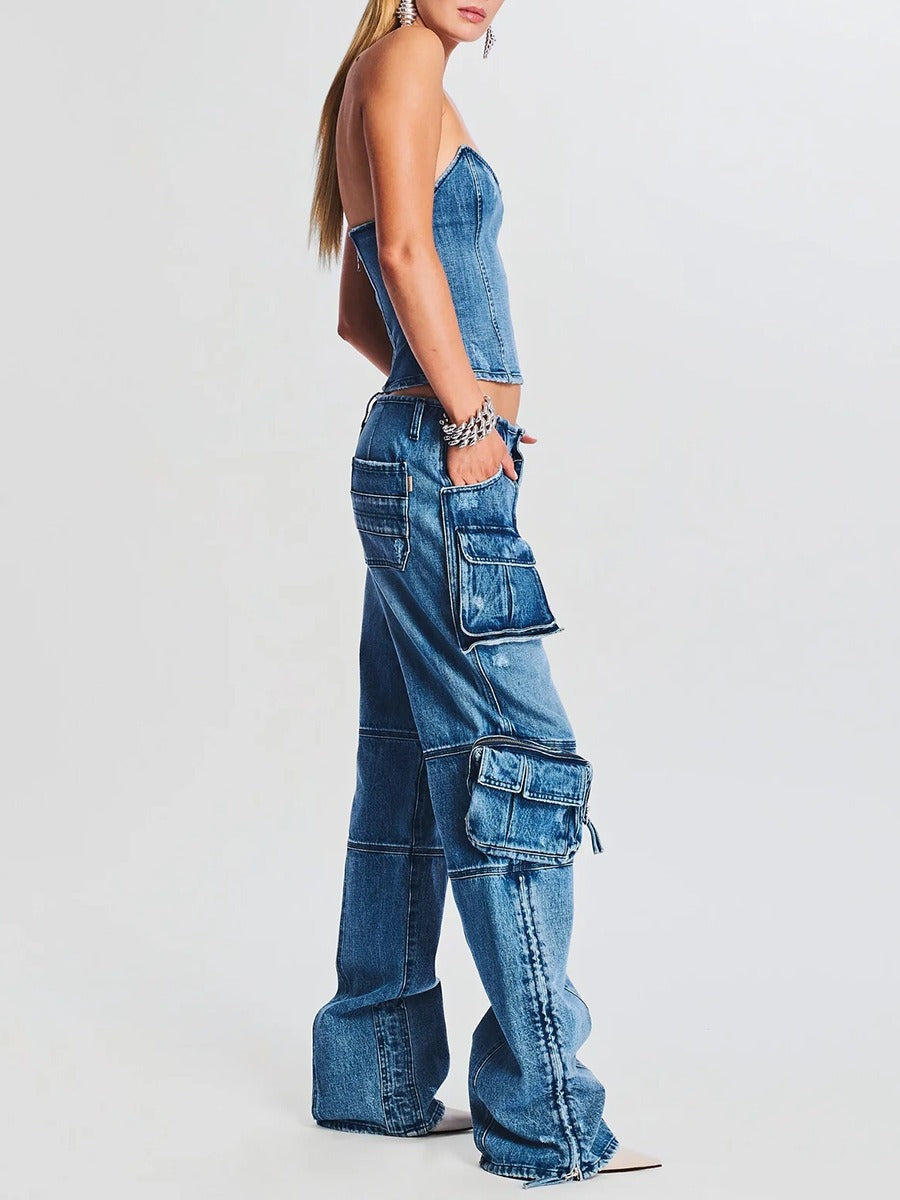 Harajuku Style Mid Waist Buckle Multi-Pocket Denim Pants