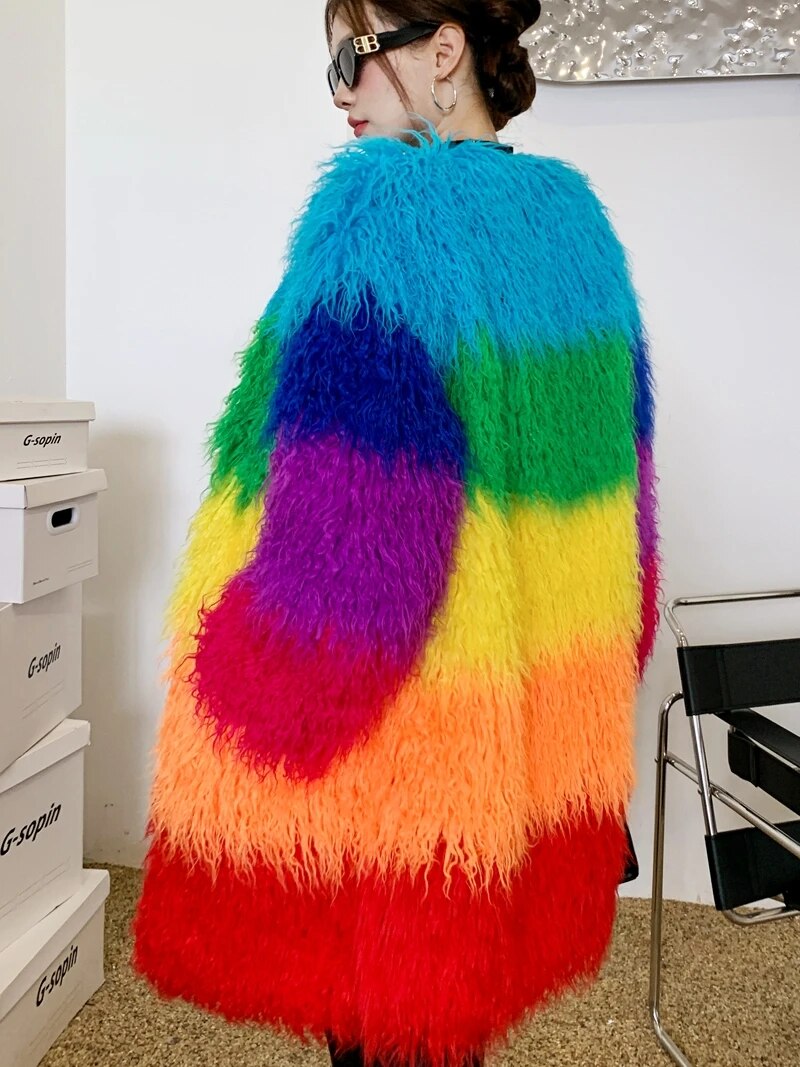 Niche Rainbow Faux Fur Coat - Harajuku Style Outerwear