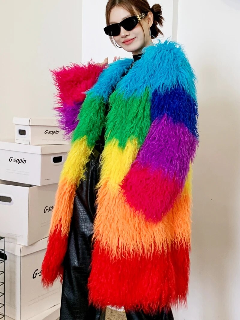 Niche Rainbow Faux Fur Coat - Harajuku Style Outerwear