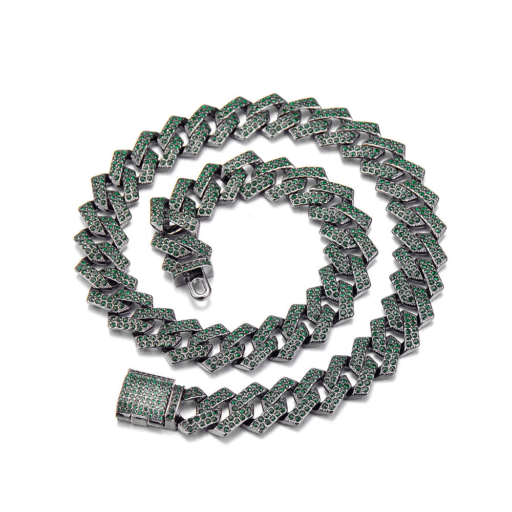 Trendy Cuban Chain Emerald Diamond Necklace for Couples