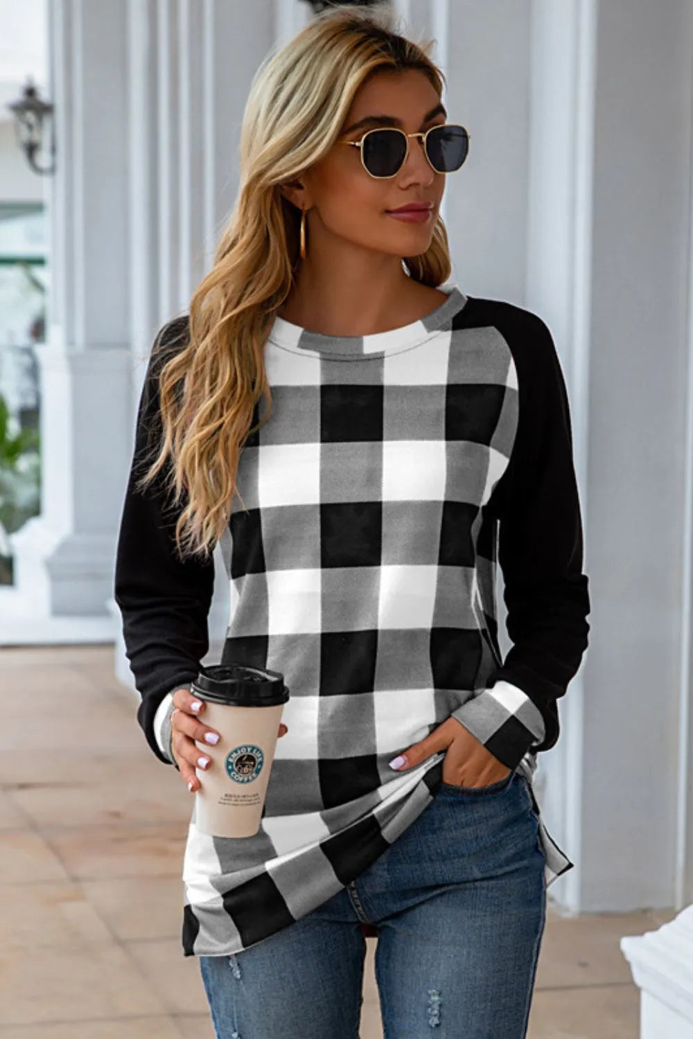 Harajuku Plaid Round Neck Long Sleeve T-Shirt
