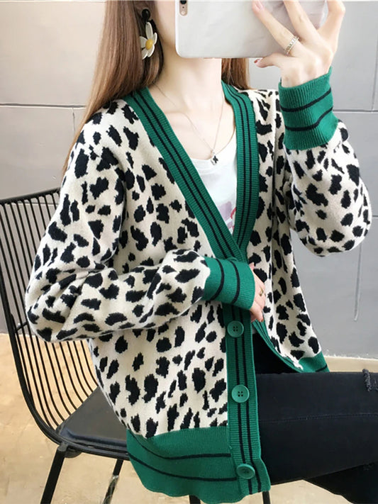 Korean Leopard Print Women's Winter Cardigan