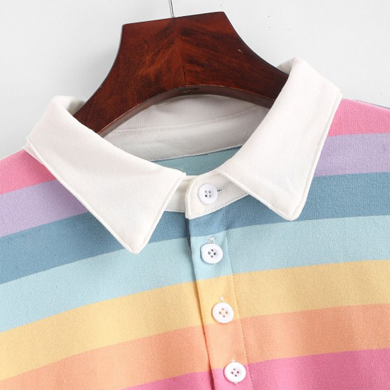 Rainbow Striped Long Sleeve Hooded Polo Shirt for Women