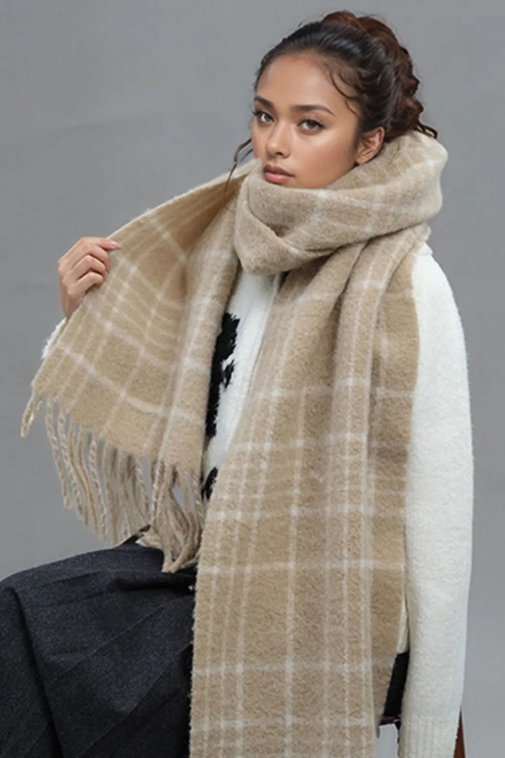 Fringe Plaid Thermal Scarf - Harajuku Style
