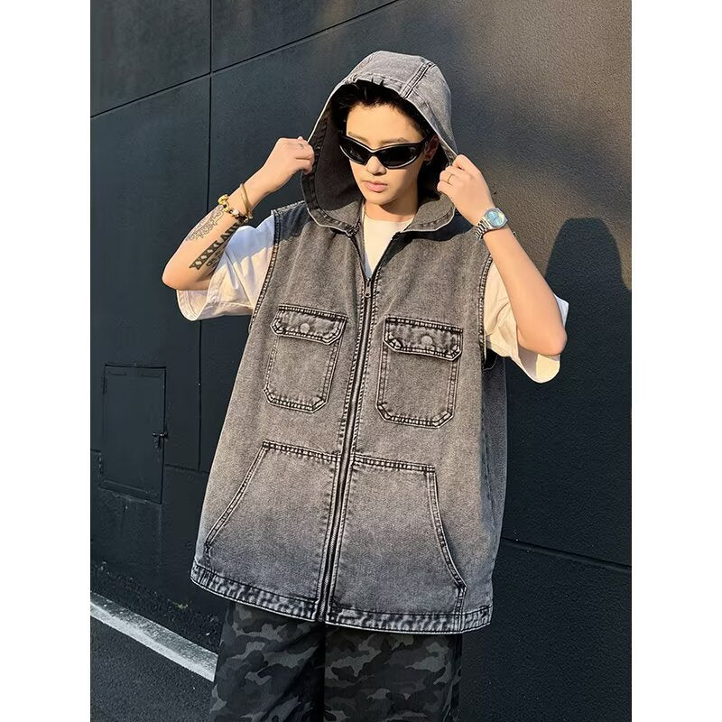 Hooded Denim Retro Loose Zipper Vest Jacket