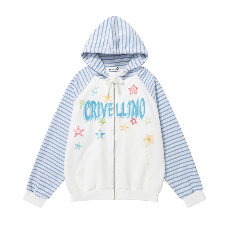 Star Graffiti Hoodie: Versatile Blue and White Stripe Patchwork Cardigan Coat