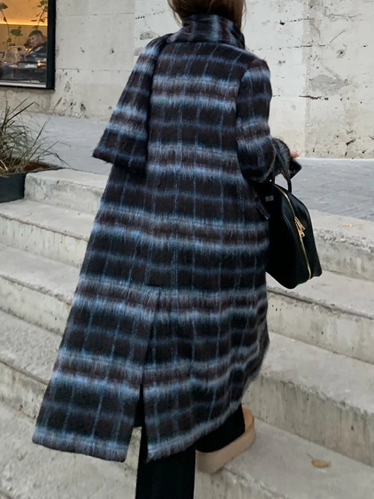 Harajuku Plaid Spliced Woolen Coat for Women