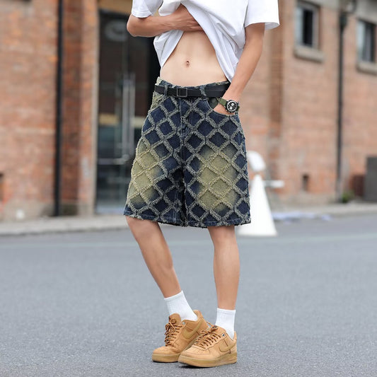 Wide Leg Washed Jacquard Loose Denim Shorts for Men