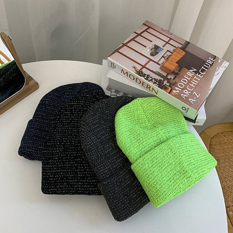 Harajuku Style Reflective Beanie Hat - Black & Grey