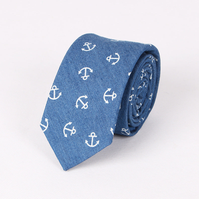 Cotton Tie with Denim Skull Anchor Print