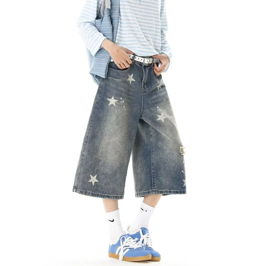 Harajuku Vintage Distressed Star Print Loose 7/8 Length Denim Shorts — Harajuku Street Fashion