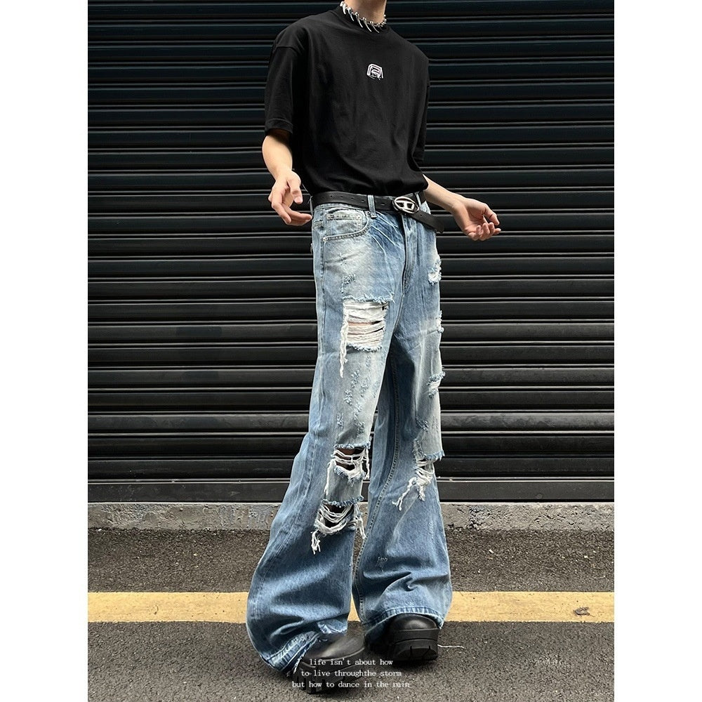 Vintage Washed Distressed Micro Flared Jeans