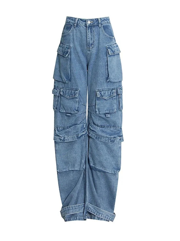 Harajuku Style Multi-Pocket Wide-Leg Jeans for Women