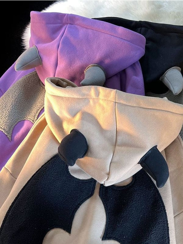 Playful Hooded Zippered Jacket with Cow Horn Patch